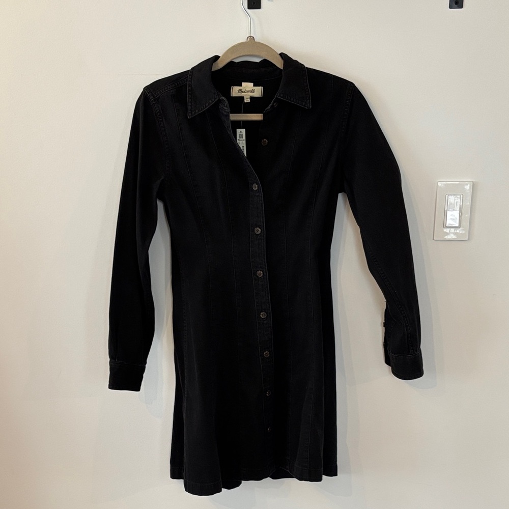 Denim Seamed Mini Dress in Washed Black